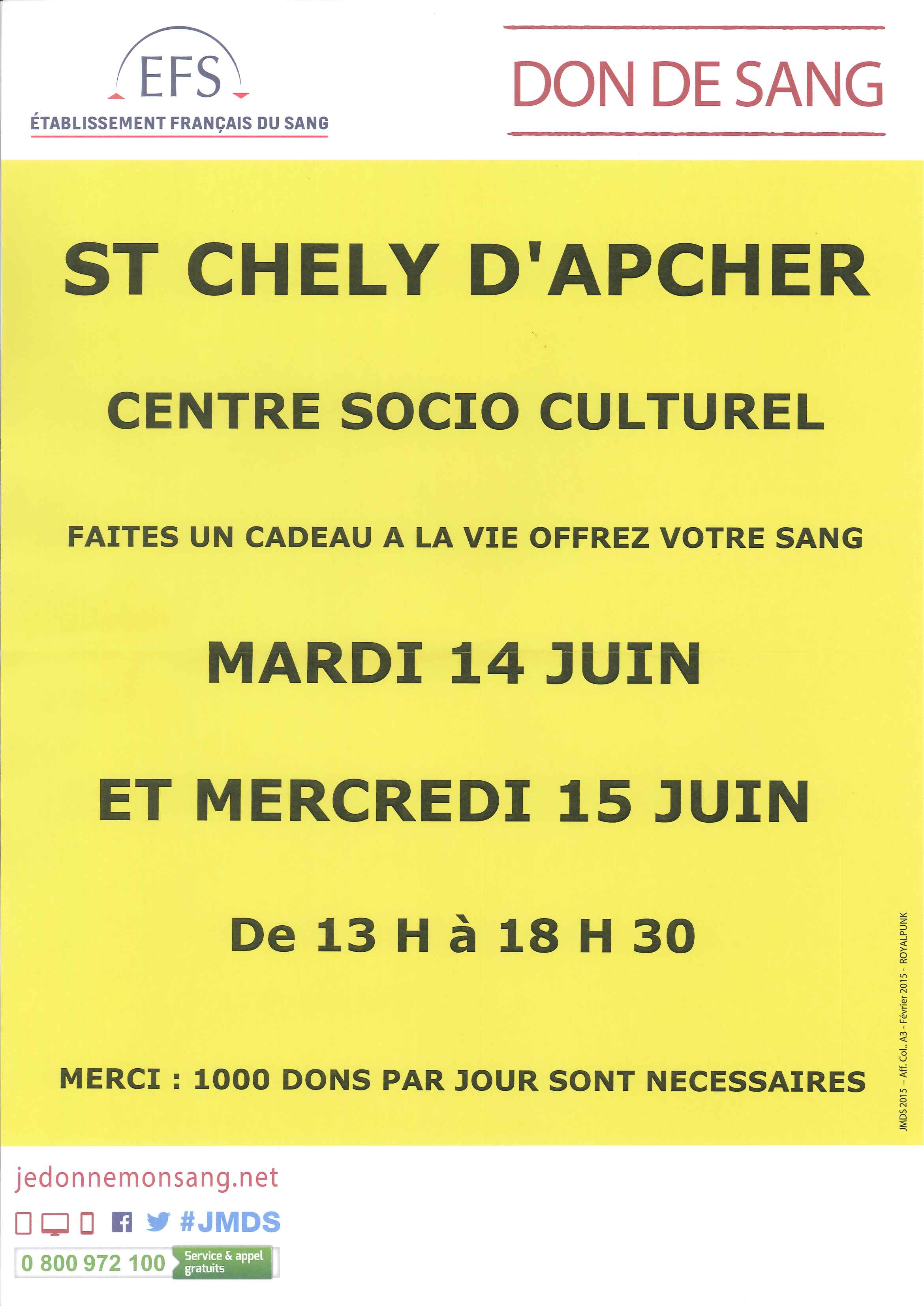 don du sang à Saint Chély d'Apcher les 14 et 15 juin 2016